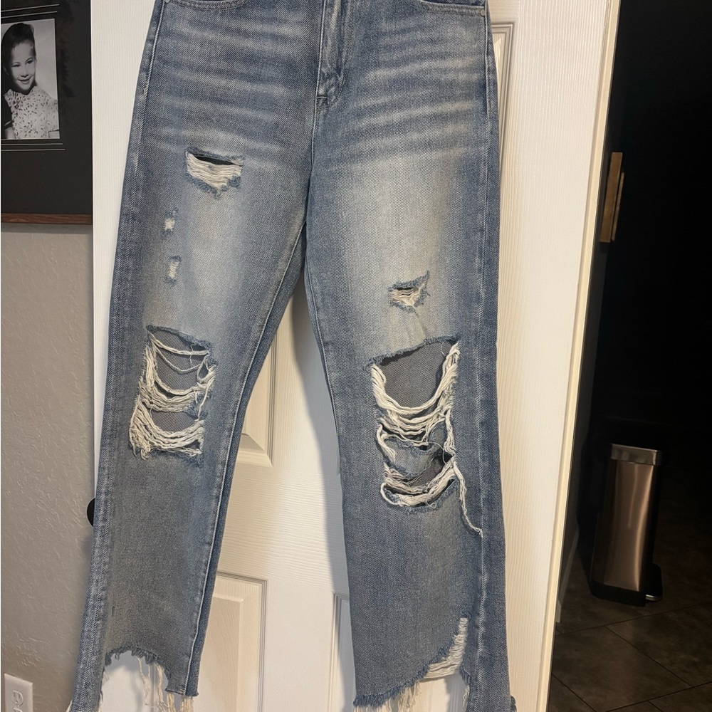Blue Ankle Cropped Distressed Jeans
